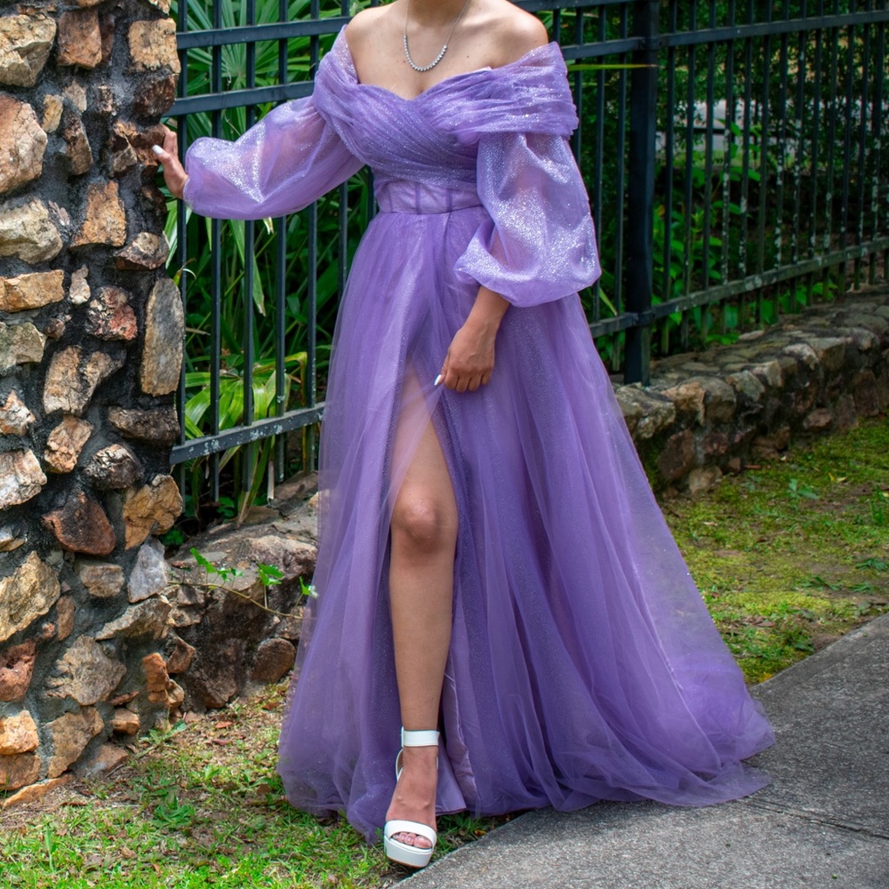 Sparkly Off Shoulder Puffy Sleeve Tulle Prom Dresses with Slit Long Ball Gown